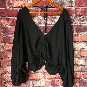 Free People Black Tie Front Ruched Blouse